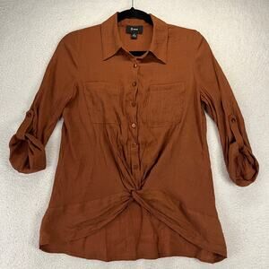 B-Wear Button Up Shirt Womens Small Long Sleeve Faux Tie Front Rust Casual